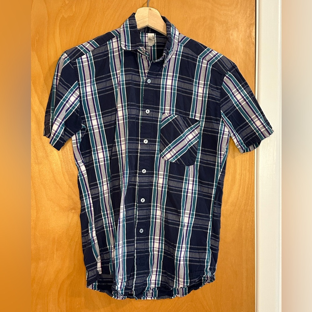 American apparel men’s button down navy plaid 100% cotton